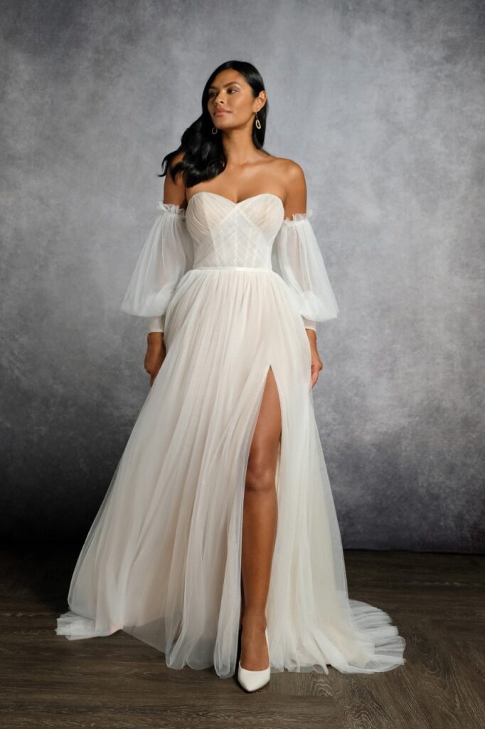 55132SL-Rings-Pure Bridal, strapless tulle wedding dress, puffy sleeves, slit, A-line, edmonton bridal shop