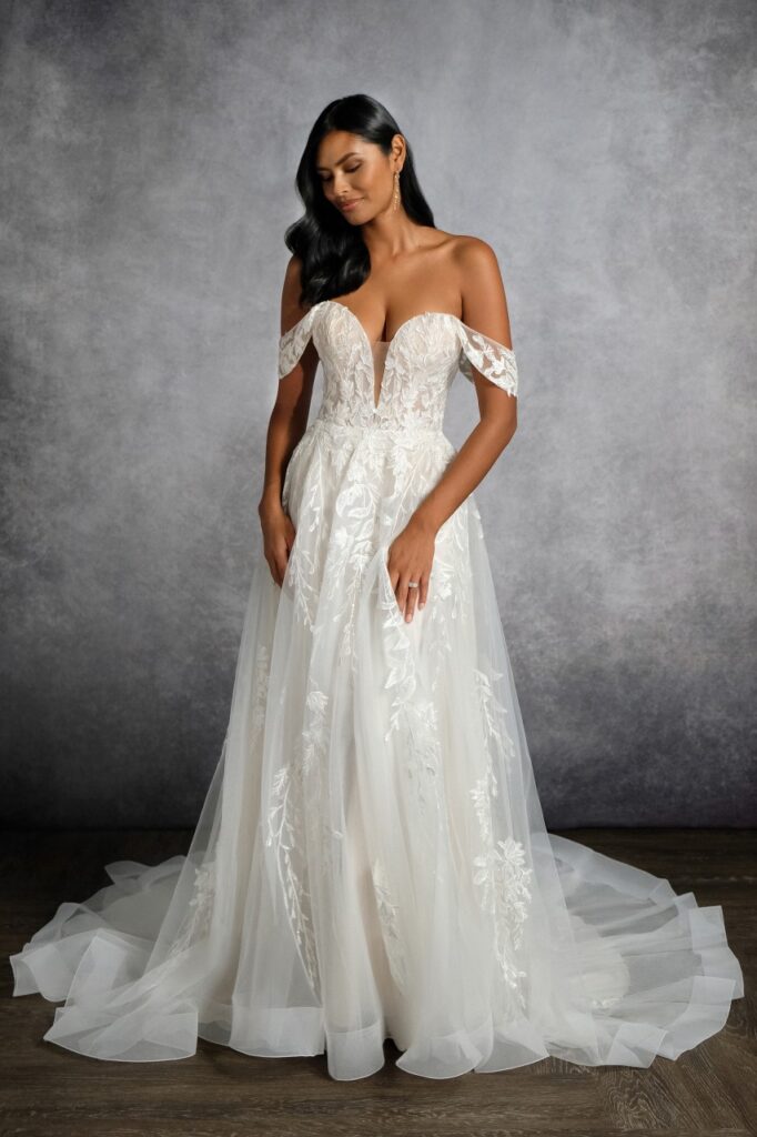 55133-Rings-Pure Bridal-off the shoulders tulle and lace wedding dress, romantic, a-line, edmonton bridal shop, plunge neckline