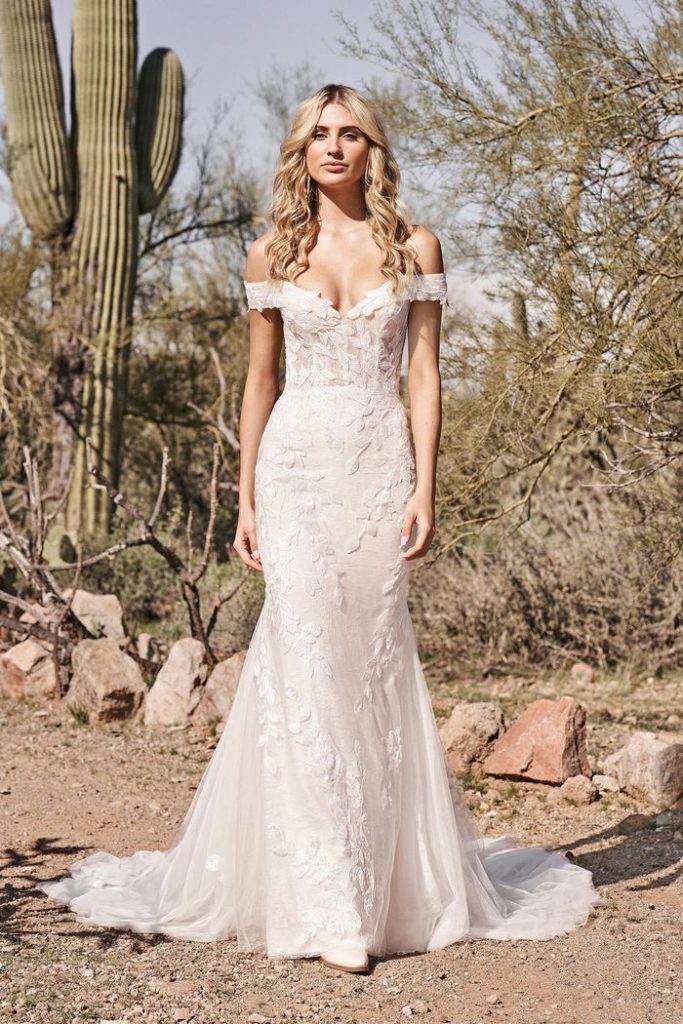 66160 Lillian West-Pure Bridal-off the shoulders, lace. fit and flare, chantilly lace. edmonton bridal shop