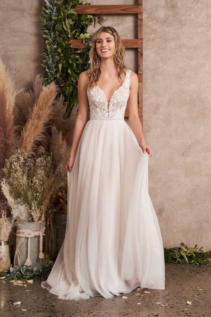 66213-Lillian West-Pure Bridal-v-neckline lace and tulle wedding dress, edmonton wedding dress, edmonton bridal shop