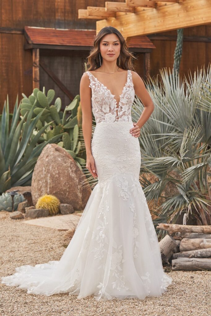 66252-Lillian West-Pure Bridal-plunge v-neck lace and tulle wedding dress. straps, edmonton wedding shop