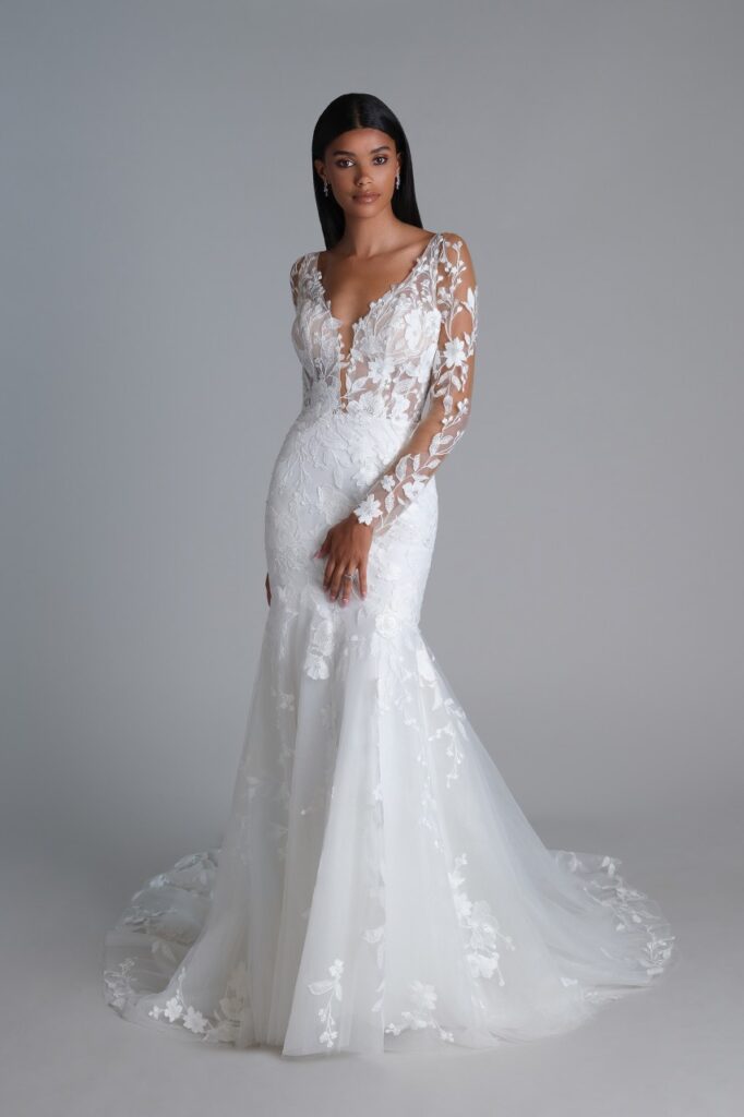 66252-Lillian West-Pure Bridal-full lace sleeves, v-neck lace and tulle wedding dress. edmonton wedding shop
