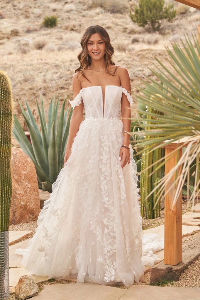 66261-Lillian-West-PureBridal-off the shoulders, straight neckline, 3D petal details, Aline skirt, boho bride, edmonton bridal shop, edmonton wedding dress