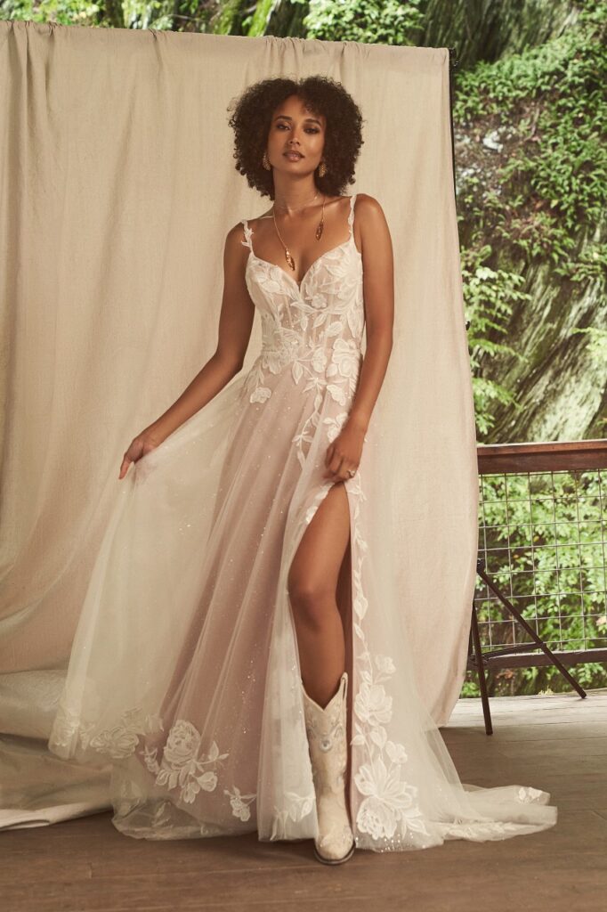 66271-Lillian West-Pure Bridal-lace gown with slit, a-line, floral straps, Edmonton Bridal shop, Edmonton wedding store, Edmonton wedding dress