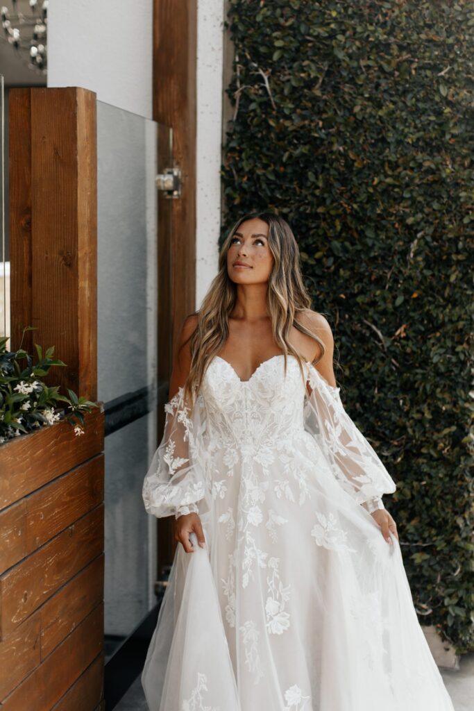 7521-Stella York-PureBridal-Lace, strapless wedding dress, blouson sleeves, a-line skirt, boho wedding dress, edmonton bridal shop, edmonton wedding shop