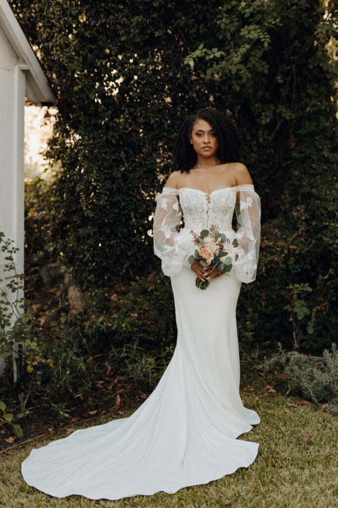 7675-Stella York-Pure Bridal, edmonton bridal shop, crepe dress, plunge notched neckline, detachable puffy sleeves