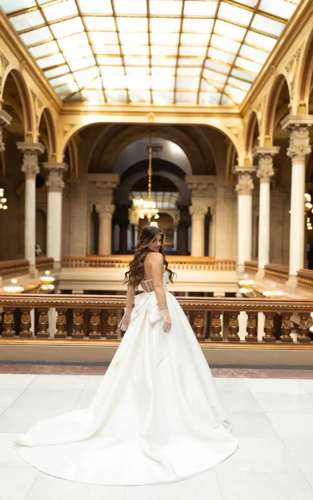 7711-Stella York-Pure Bridal-strapless mikado ballgown wedding dress, bow at back, edmonton wedding dress, edmonton bridal shop