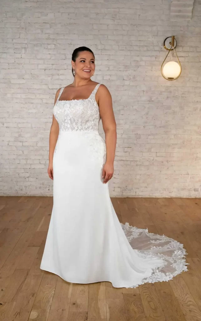7715-Stella York-Pure Bridal-colume crepe wedding dress. straight neckline, lace bodice , strapped dress, edmonton wedding dress, edmonton bridal shop