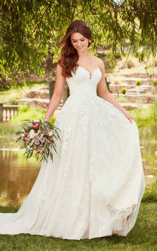 D2752-Essense of Australia-Pure Bridal, boho, cotton lace, strapless, sweetheart, plunge neckline, A-line skirt