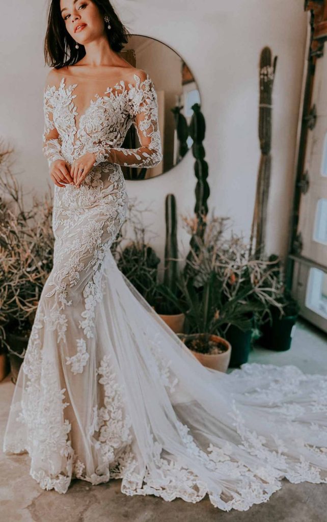 D3284-Essense of Australia-Pure Bridal, lace, off the shoulders. sleeves, fit and flare, edmonton bridal shop
