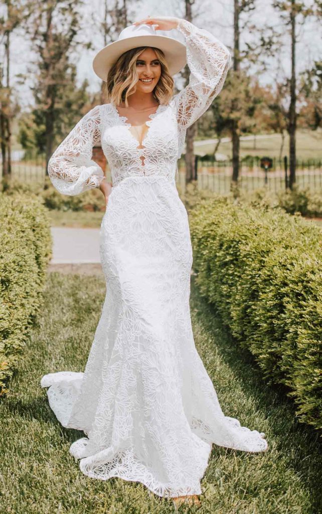 D3443-Essense of Australia-Pure Bridal-wedding dress-lace sleeve, boho wedding dress