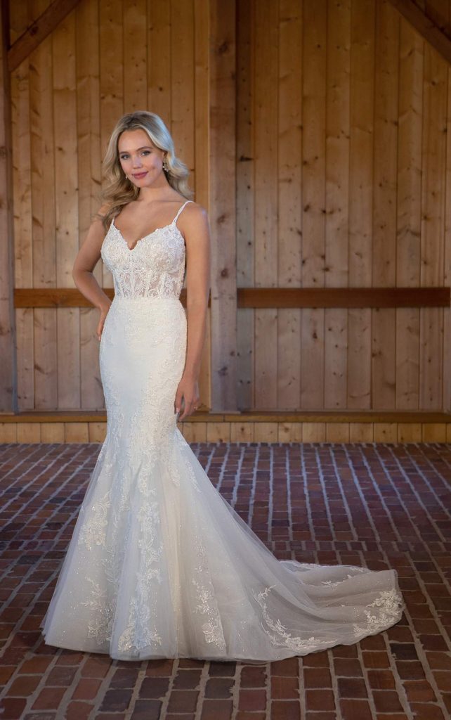 D3502-Essense of Australia-Pure Bridal-Lacy-Sexy-Modern-wedding dress stores edmonton-Wedding gown-Exposed bodice-Sparkly, The beauty is in more than just the details with Style D3502.The gorgeous beaded spaghetti straps gently twist and drape from the sexy sweetheart neckline to the dramatic illusion back. Sparkling sequined lace showcases the flattering fit-and-flare design, featuring hand-placed lace appliques to accentuate the bodys contours. With the fluted and flared horsehair hem, this lovely wedding dress finishes with a glamorous train for a show-stopping look that will turn heads on and off the aisle.