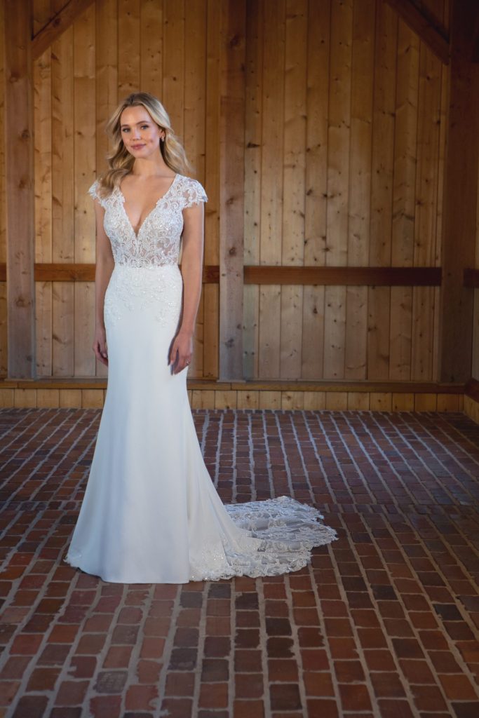 D3530-Essense of Australia-Pure Bridal-crepe wedding dress, edmonton wedding dress, edmonton wedding shop, edmonton bridal shop, lace cap sleeves