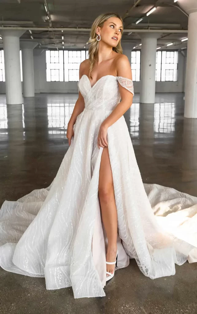 D3648-Essense of Australia-Pure Bridal-off the shoulders, slit, sparkle ballgown, edmonton bridal shop, edmonton wedding dress