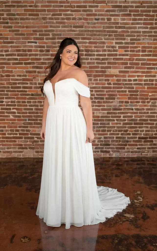 D3824-Essense of Australia-Pure Bridal, edmonton wedding dress, edmonton bridal gown, off the shoulders a line dress, chiffon dress