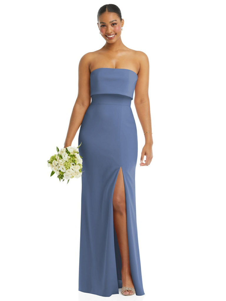 Dessy 3115-Pure Bridal, strapless crepe, slit, bridesmaids, edmonton wedding dress, edmonton bridal shop