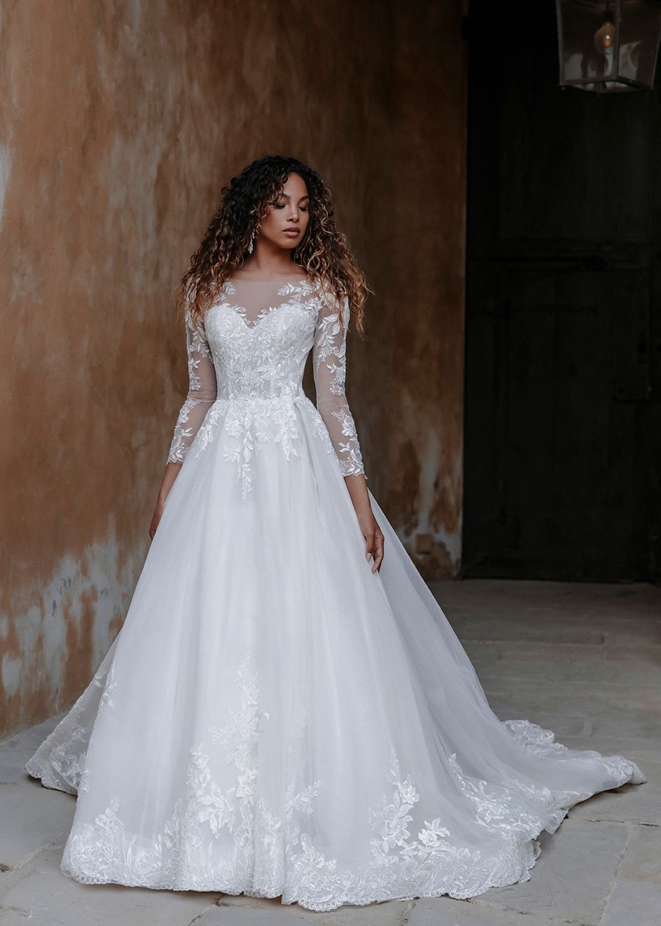 E306-Rafi-Abella-PureBridal, edmonton wedding shop, lace ballgown. lace sleeve wedding dress