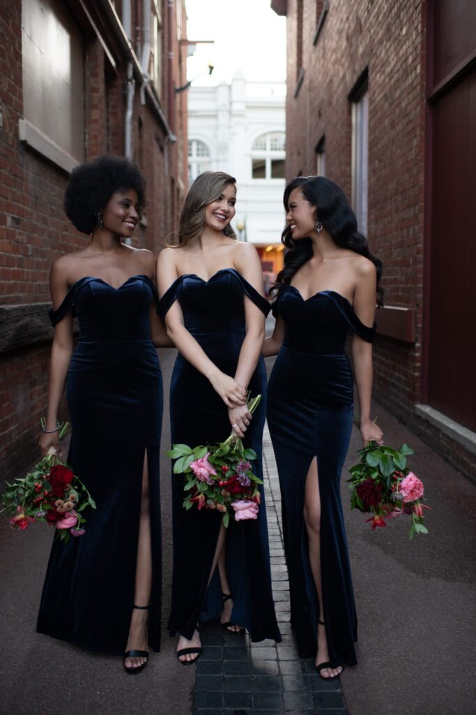 Sorella-Vita9648-Pure Bridal, off the shoulder straps bridesmaids dresses, slit, velvet dresses