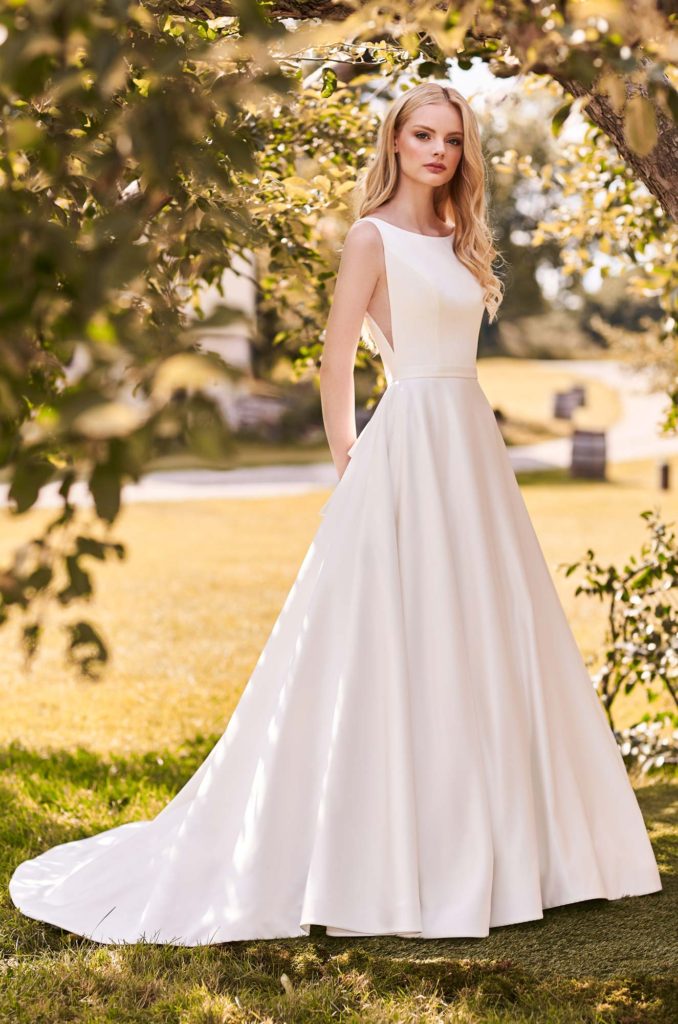 2282-Mikaella-PureBridal-Aline, bow, boatneck, satin, elegant