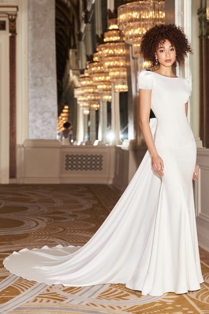 2350-Mikaella-Pure Bridal, sleek, Crepe, sleeves, train bow boatneck