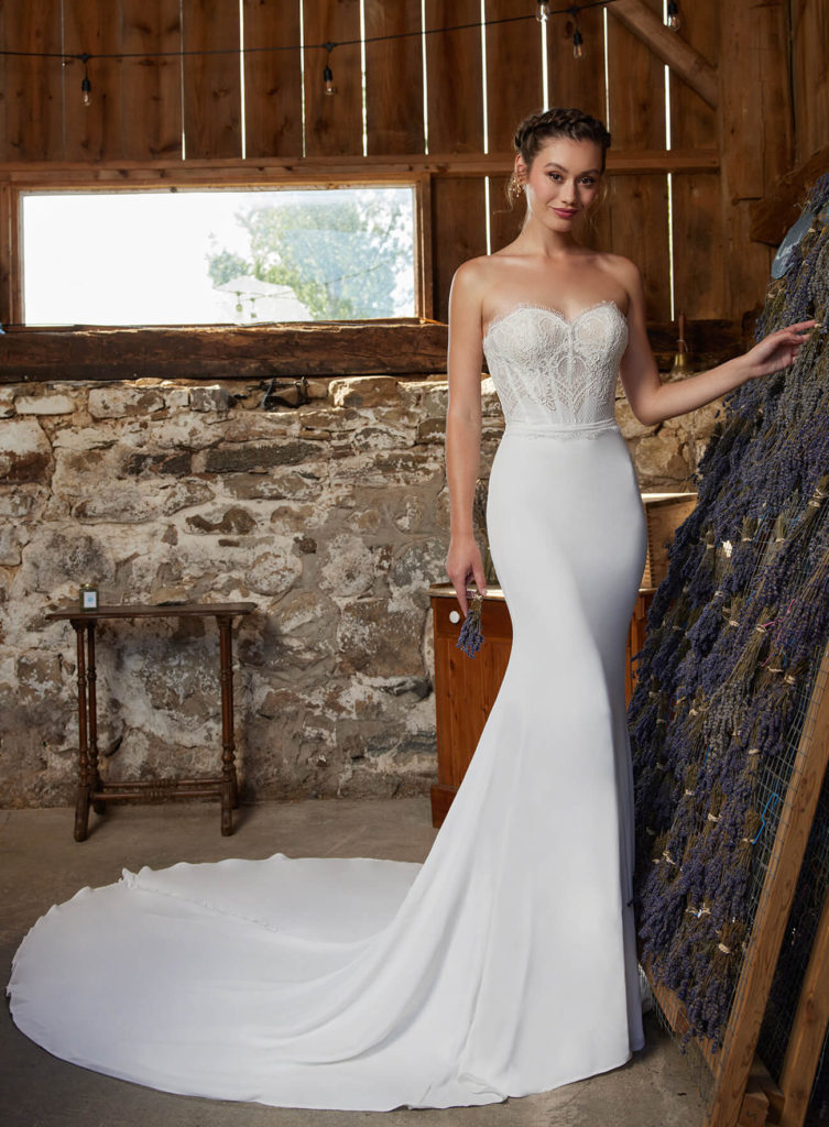 Noah-LP2213-LaPerle-PureBridal, edmonton bridal shop, edmonton wedding dress, strapless chiffon gown. lace bodice