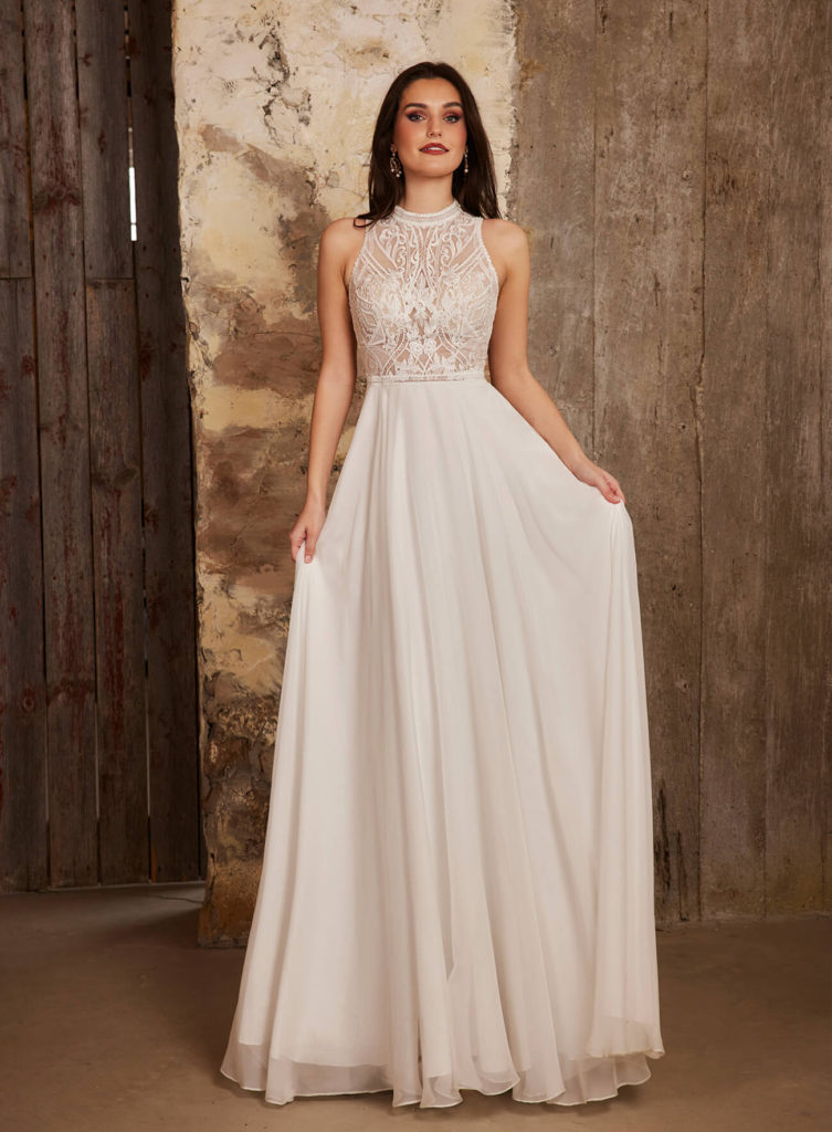 Genie-LP2235-LaPerle-PureBridal-lace and crepe, a-line silhouette, high neckline, halter, edmonton wedding dress, edmonton wedding shop