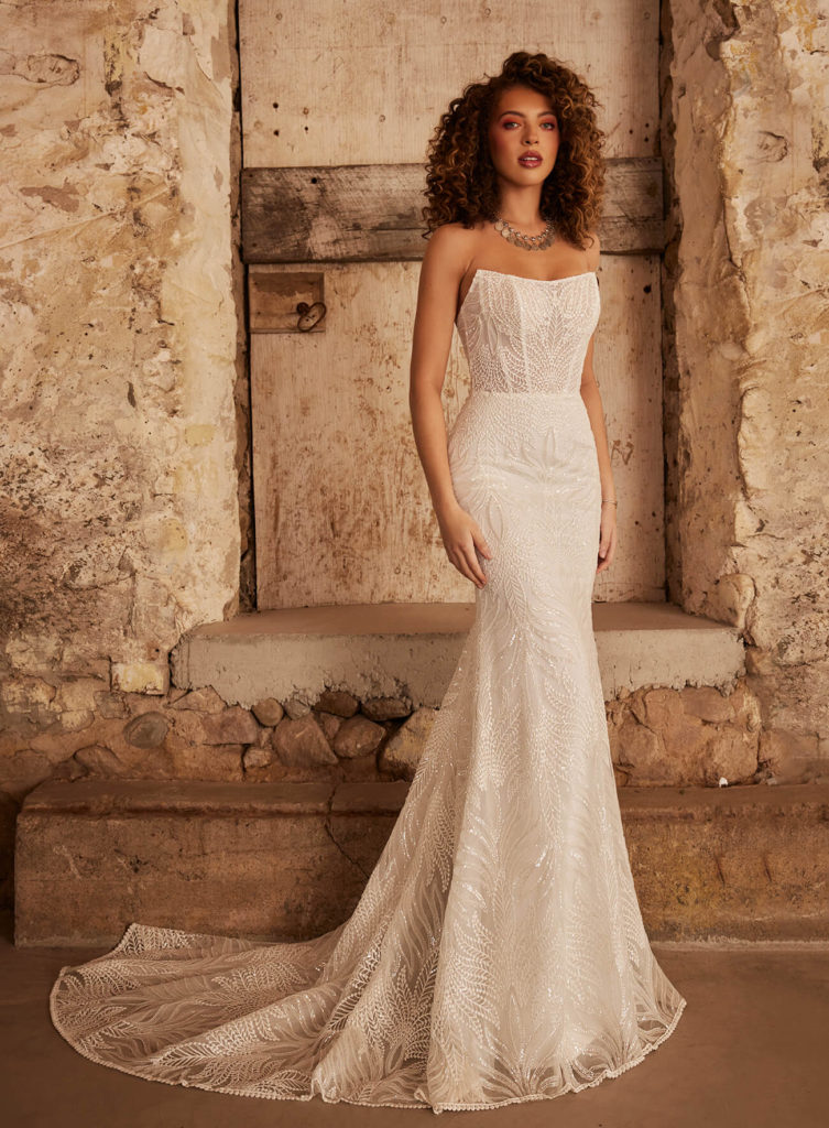 Martha-LP2251-LaPerle-PureBridal, beaded lace sheath, straight neckline, Strapless, Cascading train