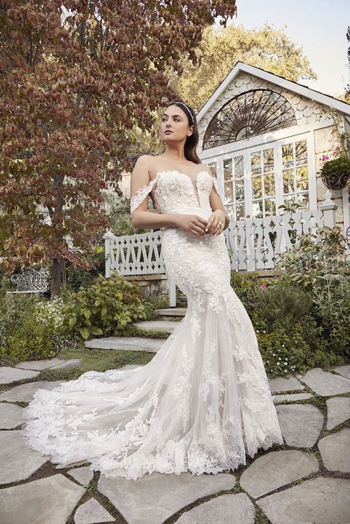 2491-Palmer-Casablanca Bridal-PureBridal, edmonton bridal shop, edmonton wedding dress, off the shoulders straps, plunge neckline, fit and flare lace dress